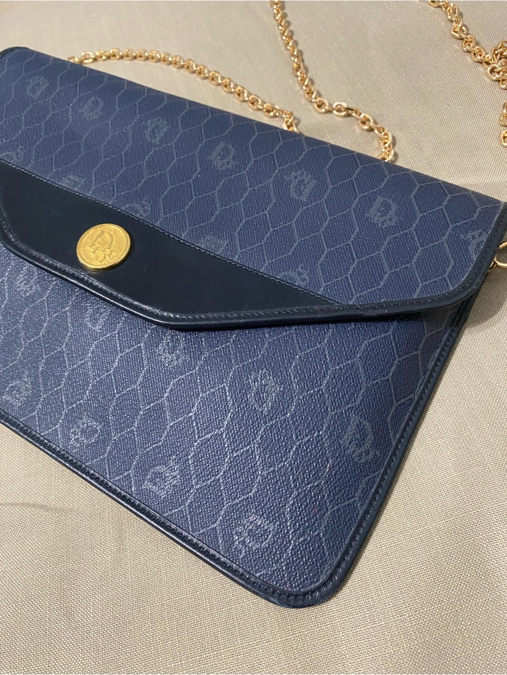 Vintage DIOR Oversized Clutch Bag Wallet Navy Honeycomb Chain Added - Picture 4 of 16